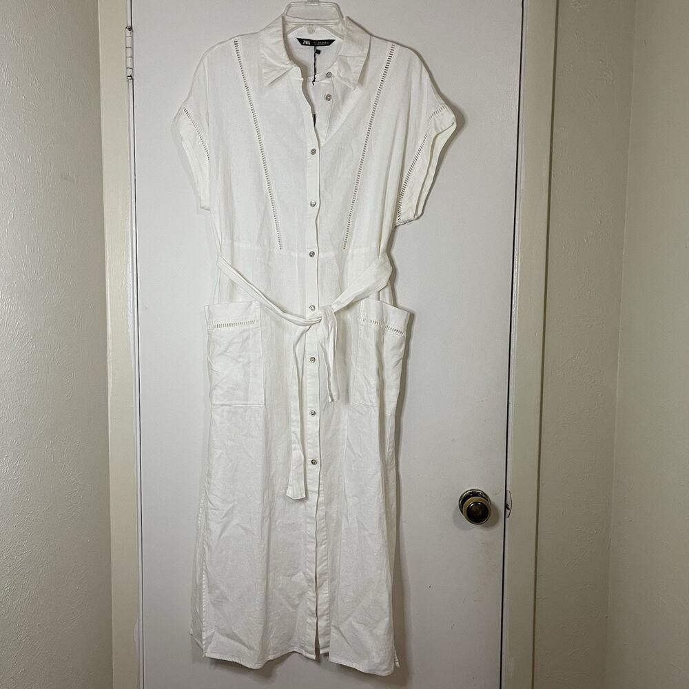 NEW Zara White ivory linen button down resort european midi dress size small